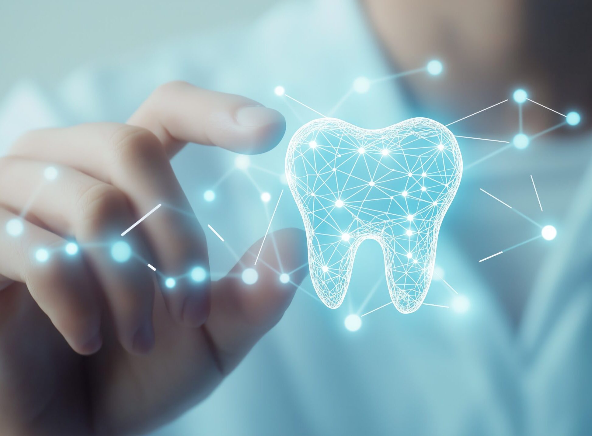 Doctor touches glowing blue tooth icon made of connected dots and lines in digital style